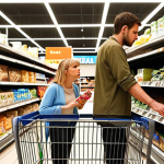 **Prompt:** A modern German person (or couple) in a typical grocery store aisle, looking with concern at their shopping cart overflowing with everyday items, while a digital price tag prominently displays an unexpectedly high Euro amount. Behind them, abstract, heat-shimmering visuals subtly distorting the background, symbolizing money visibly shrinking or melting.
