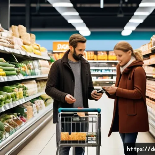 Home 33 인플레이션 시대의 투자자 행동 분석 - A German family shopping in a modern supermarket aisle filled with fresh groceries and household pro...