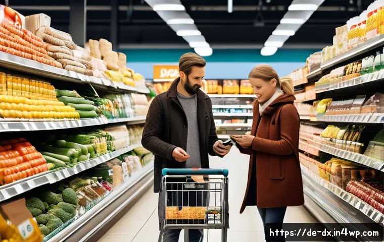 인플레이션 시대의 투자자 행동 분석 - A German family shopping in a modern supermarket aisle filled with fresh groceries and household pro...