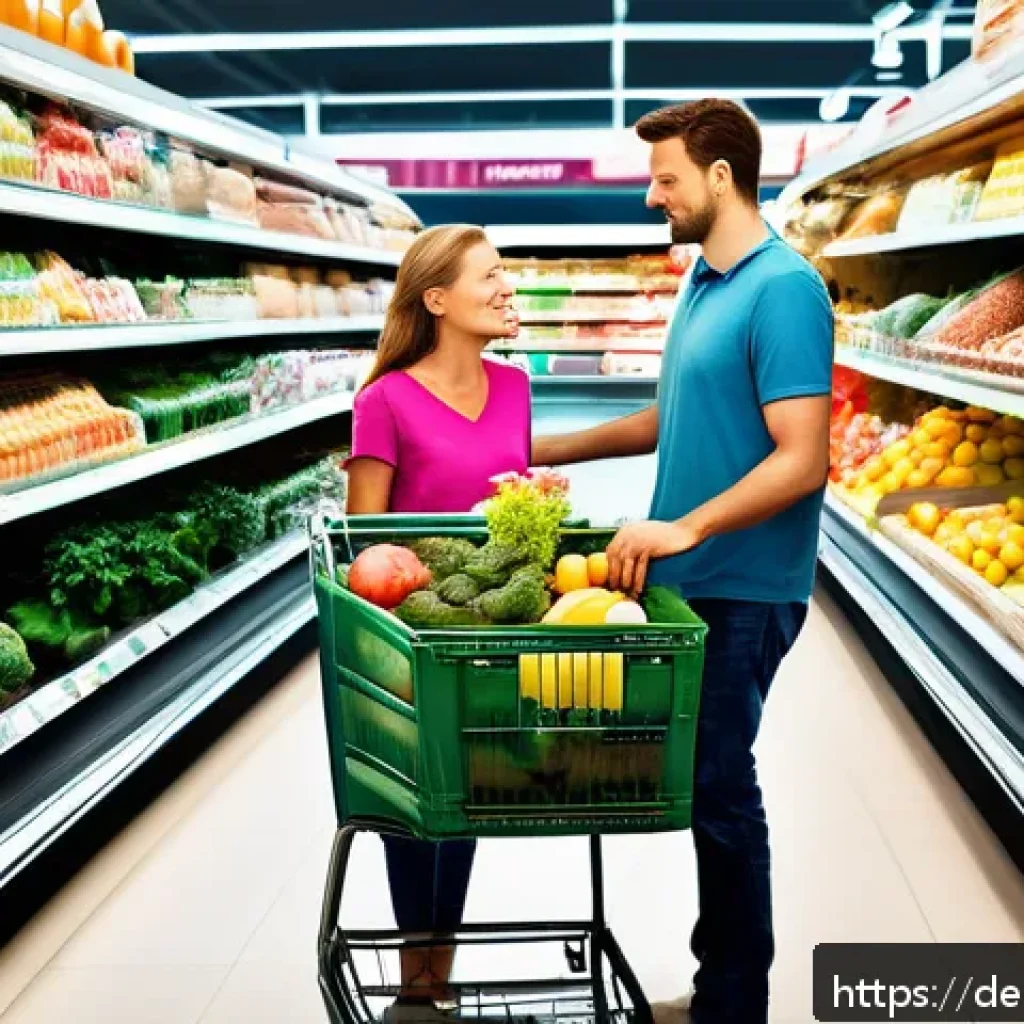 인플레이션 영향 분석과 대응 전략 - A detailed, realistic scene of a German middle-class family doing their weekly grocery shopping in a...